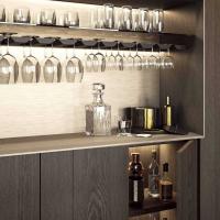 Internal accessories for the Lounge column cupboard or open column unit: wooden shelf, wine-glass rack and shelf in smoked glass (0,8 cm thick)