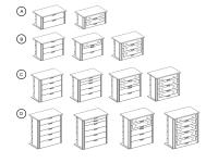 Drawer models: A) 2-drawer with plain or smoked glass fronts - B) 3 plain or smoked glass drawers C) 4 plain drawers, with small top drawers, or smoked glass D) 5 plain, small top drawers or smoked glass