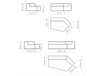 Peanut BX sectional sofa with peninsula by Bonaldo - Diagrams and measurements of the semi-angled elements