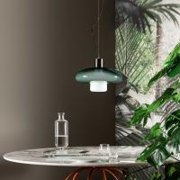 Acquerelli pendant lamp by Bonaldo with small shade in milk white blown glass and large shade in shaded petroleum blown glass