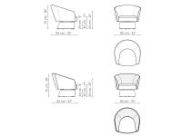 Diagrams of the Bruno armchair by Bonaldo in the version with upholstered base
