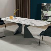 Prora shaped rectangular table by Bonaldo in Calacatta high gloss ceramic stone