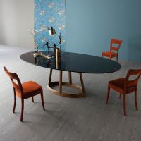 Greeny oval dining table with hi gloss Marquinia marble top