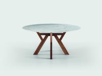 Round Larkin dining table with marble top and solid-wood base