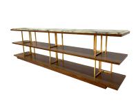 Kris console table by Borzalino (cm 300 d.50 h.86) with wooden shelves in Canaletto walnut and satin-finish brass supports (Satin Brass)