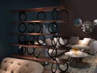 Gordon partition bookcase with shelves in Canaletto Walnut and circular metal supports in Titanium lacquer