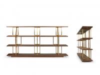 Kris bookcase (cm 240 d.35 h.122) with shelves in Canaletto Walnut and dividing supports in satin-finish brass