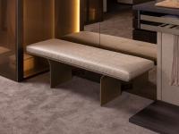Minerva designer upholstered bench in the single colour fabric Reed with metal legs painted in Sand Gold