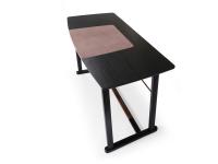 Golia writing desk with curved top in Black Oak wood and desk pad in Nubuck leather