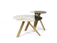 Meridian coffee tables with two-tone marble top and 3 metal legs in the Satin Brass finish