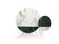 Meridian coffee tables with two-tone marble top in Vagli Gold Calacatta and Alps Green
