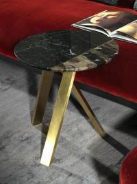 Round Meridian coffee table by Borzalino with metal legs in the Satin Brass finish and marble top in Marquinia Black / Cappuccino
