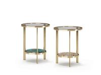 A couple of round Paul tables with Satin Brass structures and lower levels in Amazonite Extra and Braghi marble
