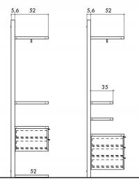 The Horizon Lounge walk-in wardrobe includes both 35 and 52 cm deep shelves, for a space-saving version of the walk-in wardrobe (without drawers) or to play with different depths on the same panel
