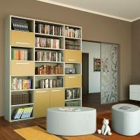 Almond d. 45,6 wall modular bookcase equipped with doors. Finishes: structure and backs in canvas lacquer, doors in ochre matt lacquer (colours not available)