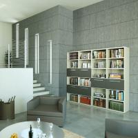 Almond d.32,8 lacquered modular bookcase. Finishes: ivory lacquered structure with charcoal doors