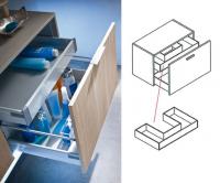 Optional drawer for the models with basket – the drawer is shaped to let the pipes through