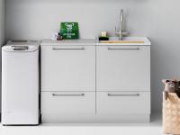 Space saving Oasis laundry furniture set with sink cabinet (RH) and storage unit with basket and drawer (LH)