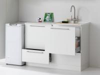 Oasis washbasin cabinet made up of: a base unit with 1 deep drawer and a bottom drawer, with a Kim console washbasin in ceramic; a lateral base with an upper deep drawer and a bottom drawer