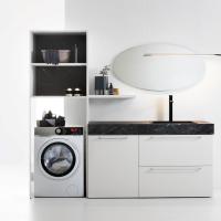 Oasis washing-machine column cupboard with upper open compartments equipped with stone-effect laminate back panels (114 Hermitage)