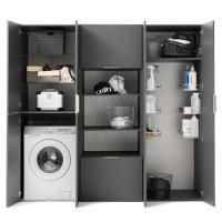 Laundry unit featuring a column cupboard with hinged doors and column with a flip-up door, open compartments and deep drawers in the middle.