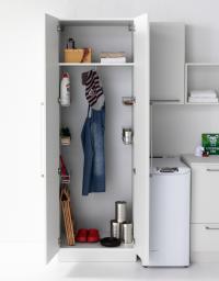 Oasis laundry-room column cupboard with 2 hinged doors, equipped with 5 baskets and broom holder which can also be used as clothes hangers