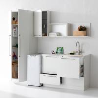 Practical laundry-room composition with column cupboard, wall unit, base with drawers and a washbasin base