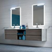 Bathroom vanity with double basin, cabinets with 2 drawers and open compartment