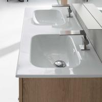 Close up of a bathroom vanity with two Tempo basins