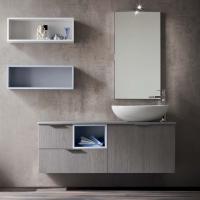 N14 - Atlantic wall mounted bathroom vanity with basket and drawers in 811 concrete rustic oak wood (finish no longer available) and open storage unit in D8 ice matt lacquer