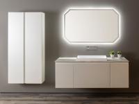N69 bathroom unit with base sections with doors, suspended column cabinet and shaped mirror