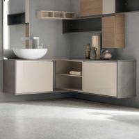 Corner bathroom vanity with deep drawers and open compartments in S3 Burro glossy lacquer
