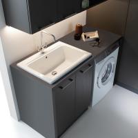 Washbasin zone made up of base with 2 doors in reflex carbon melamine with top and side in 151 kaos stone-effect melamine