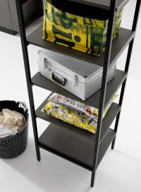 Detail of the optional open column cupboard with 5 shelves and structure in black lacquered aluminium