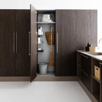 60cm column cupboard with hinged doors, shelf, detergent storage bins in chromed metal to be fixed to the side of the cupboard, and a set of 5 broom hooks to be fixed to the shelf.