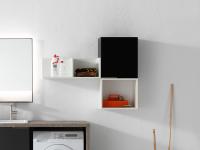 Small suspended laundry composition with 70 cm L-shaped shelf, open wall unit and hinged-door wall unit
