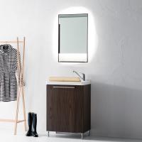 Polluce rectangular bathroom mirror with compact measurements, paired with a small space-saving washbasin