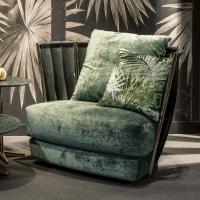 Twist luxurious armchair by Cantori in Bellagio velvet, dark green, with bands in green suede leather and pale gold details