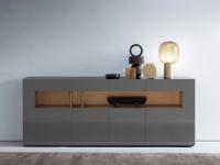 Start sideboard with structure in gunmetal glossy lacquer and open compartment in a contrasting hide-leather colour