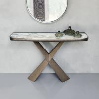 Terminal console table by Cattelan with marble-effect Keramik stone top and crossed metal base