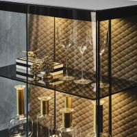 Detail of the smoked glass shelves and of the LED lighted quilted back