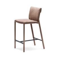 Modern Isabel kitchen stool by Cattelan with seatback covered in Cognac micronubuck matched with black embossed metal feet holder