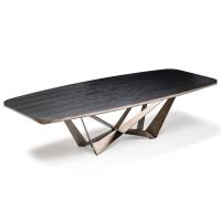 Skorpio table with shaped top in matt black open pore stained elm wood veneer