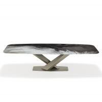 Stratos table with metal crossed legs and CrystalArt glass top