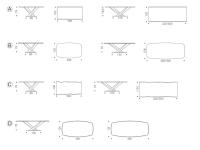 Models and dimensions of Cattelan's Stratos table with wooden top - A) 45° angled edges B) bevelled edges C) irregular edges D) Masterwood with angled edges