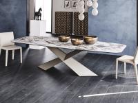 Rectangular shaped Tyron by Cattelan table with top in Keramik Breccia and crossed base in embossed steel titanium