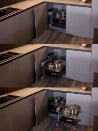 Pull-out system in steel for the corner cabinet