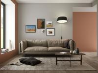 Aker designer sofa with feather cushions and fabric cover