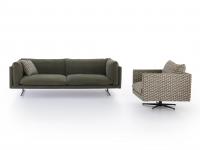 Aker 260 cm sofa in sage-grey Nubuck leather combined with 80 cm armchair in patterned fabric
