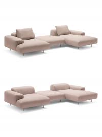 Modular designer sofa Biarritz with and without matching back cushions: please note how the aesthetic of the sofa changes